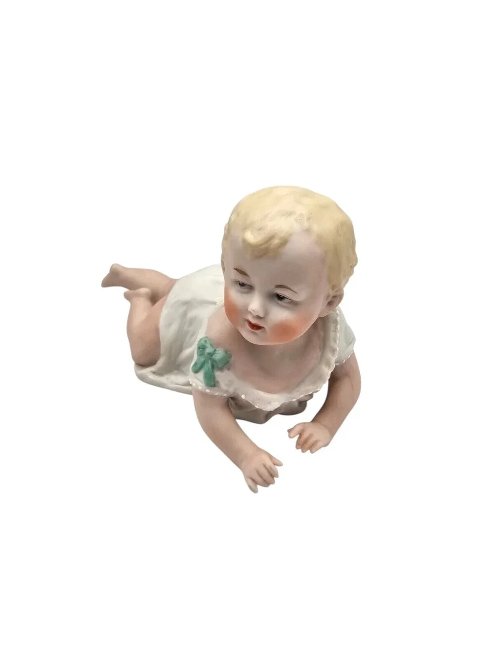 Vintage Bisque Piano Baby with White Dress and Blonde Hair Hand painted Figure